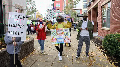 Tenants from the Columbia Gardens and Dakota apartments gather to protest Coast Property Management. (Photo: Alex Garland)