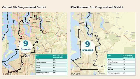 Maps showing current districts alongside Redistricting Justice for Washington's proposed redistricting. Image courtesy of Redistricting Justice for Washington.