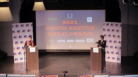 City council candidates Nikkita Oliver and Sara Nelson face-off at The Great Debate held on Oct. 23, 2021 at the Rainier Arts Center. (Photo: Alex Garland)
