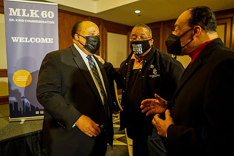 Seattle veteran civil rights advocates Larry Gossett (center) and Eddie Rye Jr. (right) meet with Martin Luther King III Monday, Nov. 8, 2021, at the Fairmont Olympic Hotel to commemorate the 60th anniversary of his father Rev. Dr. Martin Luther King Jr.'s visit to Seattle. (Photos: Susan Fried)