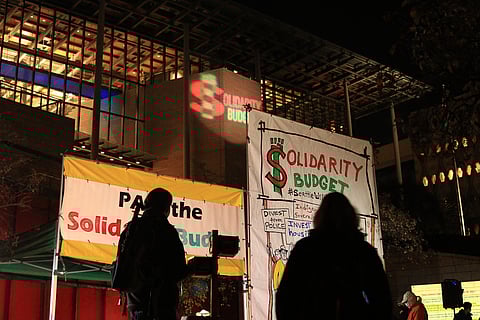 Solidarity Budget action on Tuesday, Nov. 16, outside of Seattle City Hall. Photo courtesy of Solidarity Budget.