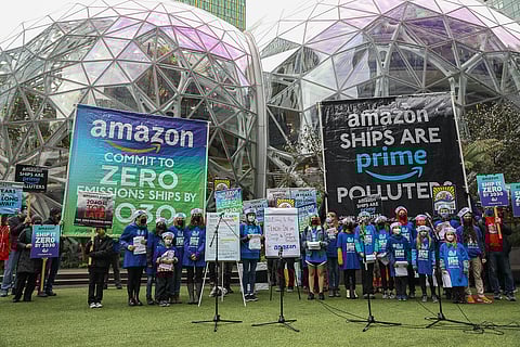 Youth climate activists hold a rally outside of the Amazon Spheres on Nov. 11, 2021. (Photo: Alex Garland)