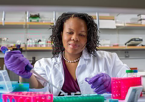 Professor Princess Imoukhuede, in her lab at Washington University in St. Louis. (Photo: Joe Angeles, courtesy of the Department of Bioengineering at the University of Washington)
