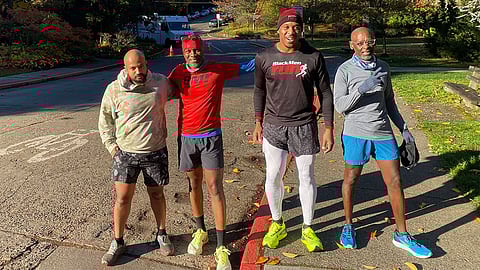 Black Men Run Seattle brothers posing after a 3-mile run at Seward Park. From left to right: Johnny Fikru, Dion Tucker, Isael McCall, and Marshall Titus. Photo courtesy of Johnny Fikru.