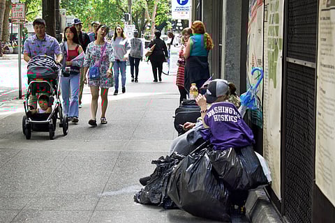 SEATTLE, WASHINGTON USA June 12, 2019: homeless people and homeless peoples things in downtown Seattle, Washington, June 12, 2019