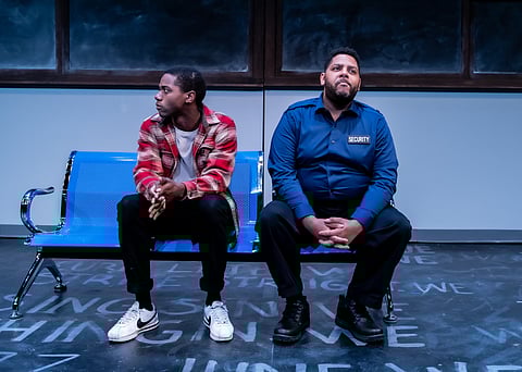 Tre Scott as Omari (left) and Andrew Lee Creech as Dun (right) in the Seattle Public Theater production of "Pipeline." (Photo: Truman Buffett)