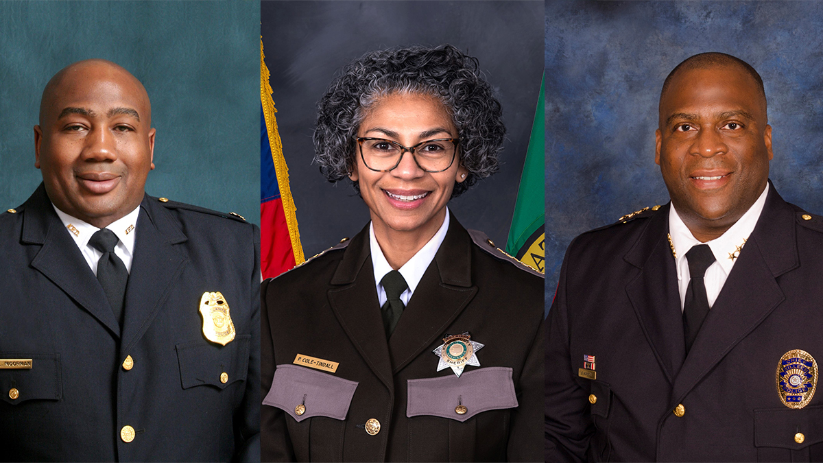 In December 2021, King County Executive Dow Constantine appointed Patti Cole-Tindall (center) to act as the interim King County sheriff, where she will remain or be replaced by the other two candidates for the position — Charles Kimble (right), the police chief of Killeen, Texas, or Reginald Moorman (left), a major in the Atlanta Police Department. Photos courtesy of King County.