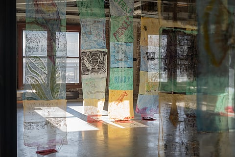 Detail from "The 1 Million - Multiple Species Eradication" by Carol Rashawnna Williams, with Amaranta Ibarra-Sandys, Noa Piper, Paula Oliver, Sydney Pertl, Kelly and Hope Bain, and Rosalind Davis Guterson. Fabric, acrylic, safety pins, 2019–2022. (Photo: Chloe Collyer)