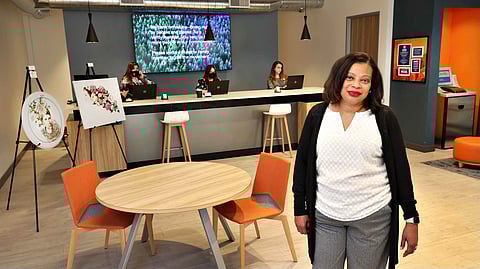 Verity Credit Union's incoming CEO Tonita Webb is pictured at her company's newest branch located in West Seattle and is photographed March16, 2021. She is the current Seattle Credit Union Chief Operations Officer and Executive Vice President and is leaving that financial institution after some 16 years. Working the branch behind Webb are branch staffers (left to right) consultant Meggie Garcia, branch manager Audrey Hartman and consultant Maddie Rich.