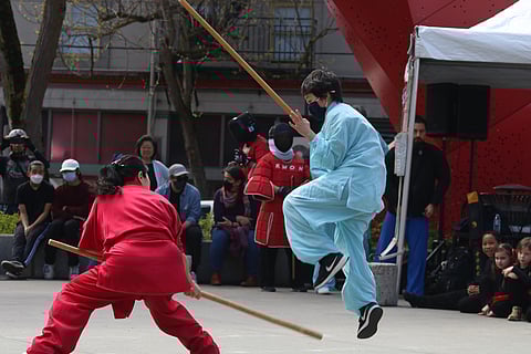 Two martial artists from the Wudang Internal Martial Arts performance team are performing bjutsu, a martial art of stick fighting, on the Hing Hay Park stage. They were fighting against each other, and the performer in a blue uniform was jumping to avoid the other performer's "attack" on April 30, 2022. (Photo: Debby Cheng)