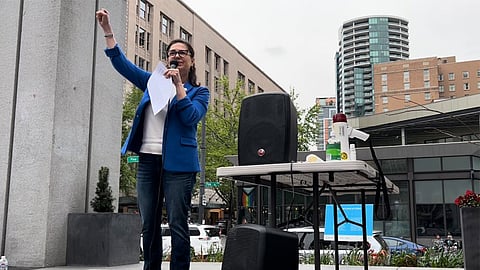 Councilmember Tammy J. Morales with her fist raised while speaking at a rally for abortion rights at Westlake Park on May 13, 2022. Photo courtesy of Councilmember Tammy Morales.