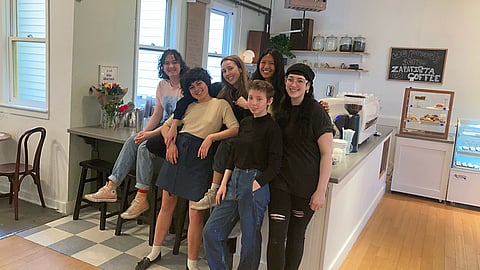 The Lazy Cow Bakery team from left to right: Katie Ferguson, Lara de la Rosa, Phoebe Katz, Milo Citrino, Raiza de Vera, and Casodra Bulling. Photo courtesy of Lazy Cow Bakery.