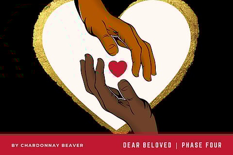 Illustration of two hands with a heart symbol in the middle, April 2022. Designed by Chardonnay Beaver.