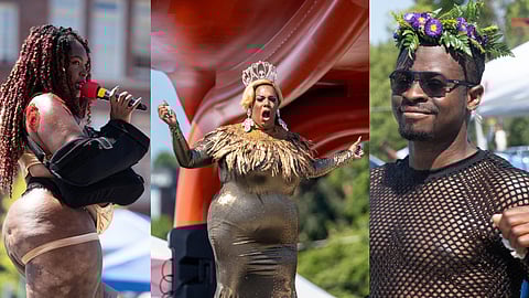 Taking B(l)ack Pride (TBP) is Seattle's only large-scale Pride event that centers queer and trans Black, Indigenous, and People of Color communities. SEACHELLA, happening this Saturday, is
TBP's largest event so far. From 2021's TBP celebration at Jimi Hendrix Park, pictured from left to right: Goddess Briq House, Beyonce Black St. James, and a TBP attendee. (Photos: Chloe Collyer)
