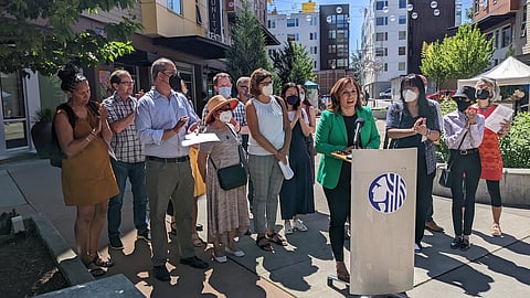 Councilmember Teresa Mosqueda speaks at the JumpStart Housing press conference at Plaza Roberto Maestas in Beacon Hill. (Photo: Jesse Franz and Joseph Peha, Seattle City Council)