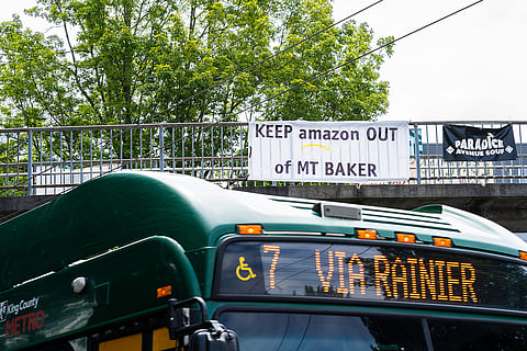 On July 23, 2022, local community leaders gathered at the closed down Starbucks across from Franklin High School for a rally in opposition of a proposed Amazon warehouse in the neighborhood. (Photo: Ronnie Estoque)