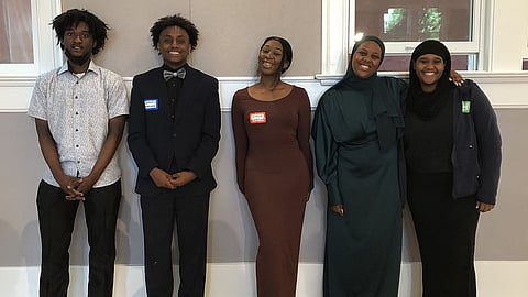 Five of the eight scholarship awardees. From left to right: Sefu Jeffries, Samuel Kassa, Simya Gibson, Hawi Kadir, and Mumtaz Sheikhaden. (Photo: Kelly Fox Violette)