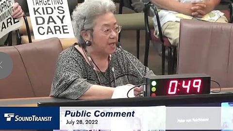 In a screenshot taken from the video stream of a July 28, 2022, Sound Transit Board meeting, community leader Bettie Luke speaks during public comment. Photo courtesy of the International Examiner.