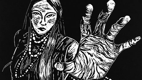 "We Lift Each Other Up," print by Ixtlixochitl Salinas-White Hawk. Relief, Linoleum print on Amatl (tree bark) paper.