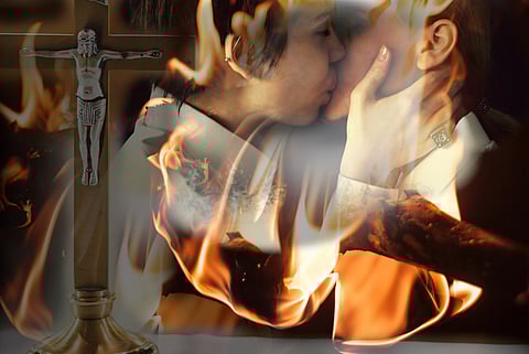 This month's New Moon Movie Night review is about "Benedetta," a 2021 film by Paul Verhoeven about a lesbian nun, faith, eroticism, and mysticism. (Image: Saira B from photos by Victoria Akvarel, Michael Morse, and Francesco Paggiaro via Pexels.)