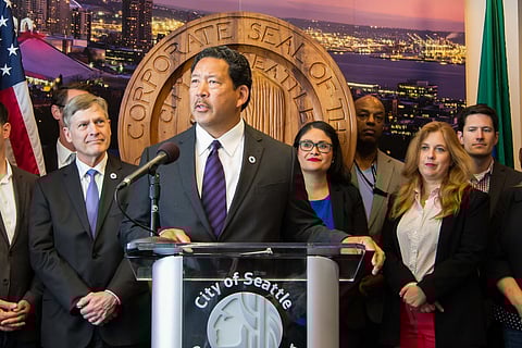 Bruce Harrell sworn in as Seattle's 54th mayor in 2017. Photo is attributed to Seattle City Council (under a Creative Commons, CC BY 2.0 license)