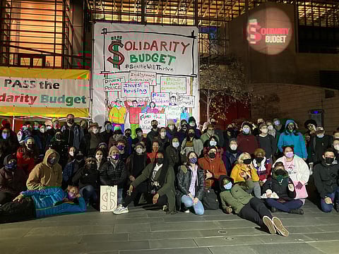 People rallied in support of the 2022 Seattle Solidarity budget last year on Nov. 16, 2021, at Seattle City Hall in Seattle, Washington. (Photo: LTania Severe)