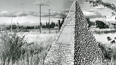 Through the "Dialogue in Place" program, the Washington State Historical Society will reevaluate 43 historical markers throughout the state, inviting public dialogue and community input. Pictured: Mullan Road monument in Spokane. This monument was erected in 1922 to commemorate Captain John Mullan, a soldier and road builder who built Mullan Road in Montana, Idaho, and Washington State in 1859–1860. The monument is one marker up for reevaluation. (Photo courtesy of the Washington State Historical Society)