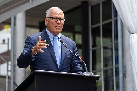 Gov. Jay Inslee speaks at a July 4th Naturalization Ceremony. During a Sept. 8 press conference, the governor announced Washington's emergency COVID-19 protections would cease on Oct. 31. Photo is attributed to WAStateGov/Governor Jay Inslee (under a Attribution-NoDerivs 2.0, CC BY-ND 2.0 license).
