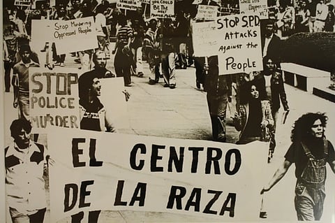 Organizers with El Centro de la Raza protest against police brutality in the 1970s. (Photo courtesy of El Centro de la Raza archives)