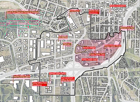 Map of Rainier/Grady Junction Subarea. Pink shading denotes the core area, the black outline indicates the entire TOD area, and the yellow and black outline shows the Transit Center site. (Credit: City of Renton)