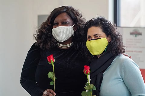 Monika Matthews poses with Seattle City Councilmember Tammy Morales during the opening of QueenCare's Central District location on Feb. 11, 2021. (Photo: Susan Fried)