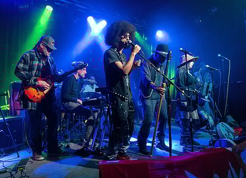 Indigenous band Khu.ex' perform at the High Dive in November 2021, with Tlingit rapper and vocalist Arias Hoyle, or Airjazz, on vocals. (Photo: Spike Mafford)