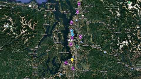 A map of clinics providing abortion care in Seattle and the South End.
