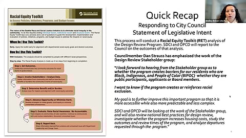 Shelley Bolser, program manager of the design review program, presents on the racial equity toolkit to the stakeholders, Oct. 26, 2022. Screenshot by Henry Behrens/Courtesy of SDCI.
