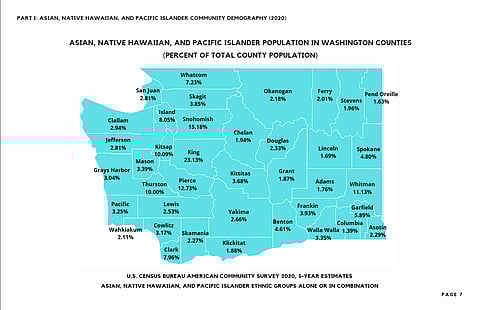 U.S. Census Bureau American Community Survey 2020, with five-year estimates, show Asian, Native Hawaiian, and Pacific Islander ethnic groups as percentage of total county population in Washington States. (Source: 2020 Community Demography Report from Washington State Commission on Asian Pacific American Affairs)