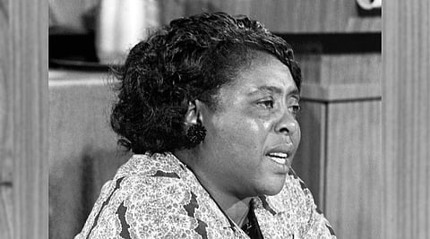 Fannie Lou Hamer testifies before the Credentials Committee at the 1964 Democratic National Convention. (Photo via U.S. Library of Congress; edits by the Emerald team)