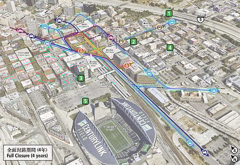 Map of Refined 4th Avenue Shallow + Midtown Station, with full closure and detour routes, via report on "CID Further Studies - Workshop 4: Summary." (Source: Sound Transit)