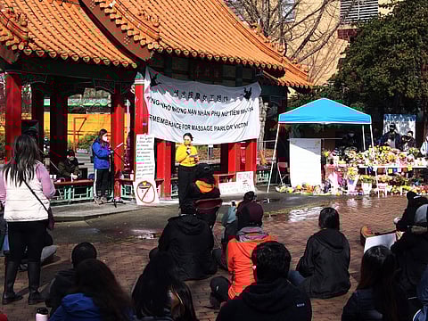 Community members delivered speeches and reflections at the first Massage Parlor Outreach Project (MPOP) vigil that honored those slain in the Atlanta massage parlor killings in 2021. This year, a few community organizations will speak in addition to reflections shared by massage parlor workers. (Photo: Melissa Ponder)