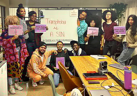 Staff at Lavender Rights Project (LRP) gather for a photo as part of the #transphobiaisasin campaign by the Black Trans Prayer Book. (Photo courtesy of Lavender Rights Project)