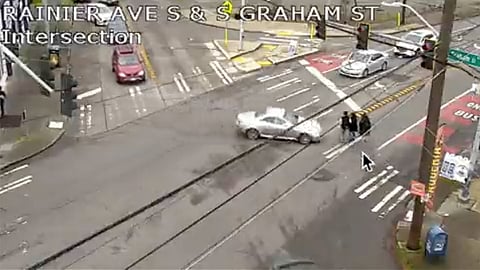 A screenshot from a video posted to Twitter by WestCoast SafetyVid moments before pedestrians were struck by a vehicle at Rainier Avenue and Graham Street South. (Image courtesy of WestCoast SafetyVid.)