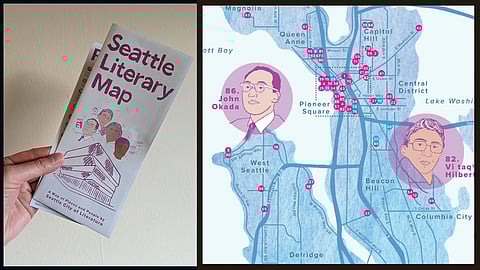 What makes Seattle a literary city? This new map by Seattle City of Literature highlights notable locations as well as poets and writers who have all contributed to thriving literary communities over the years. (Artwork: Erin Shigaki)