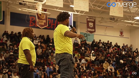 Israel Presley addressing Rainier Beach High School students in October 2022 at the Rainier Beach High School Groundbreaking along with Beach alumnus Arlando Norwood. (Photo courtesy of Converge Media.)