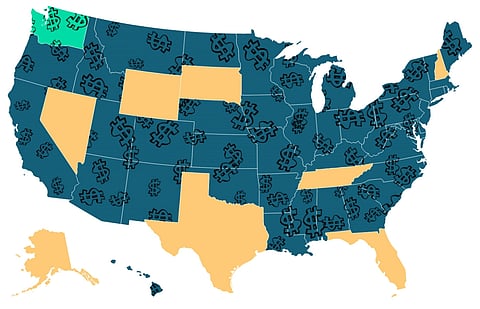 Washington became the 42nd state to impose a tax on capital gains in 2021. Revenue from the sale of investment assets totaling more than $250,000 will be taxed at 7%. (Map: Guy Oron and Henry Behrens/Datawrapper.)