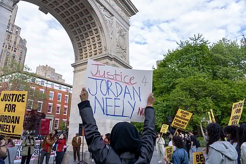 Protesters gather for a "Justice for Jordan Neely" rally calling for the man who used the chokehold on Neely to be apprehended in Washington Square Park on May 05, 2023 in New York City. Photo via Ron Adar/Shutterstock.com