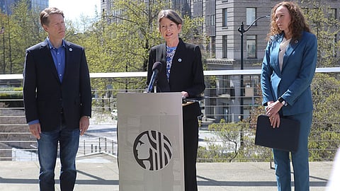 Along with City Attorney Ann Davison, Councilmembers Alex Pedersen and Sara Nelson announced their sponsorship of Council Bill 1200586, which would have allowed the City Attorney's Office to prosecute "the crimes of possession of a controlled substance and use of a controlled substance in a public place," on April 27, 2023. In a 5-4 vote, the City Council voted to oppose the bill on June 6, 2023. (Photo courtesy of Seattle City Council.)