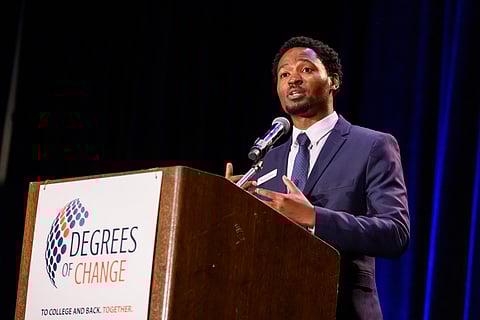Marquise Dixon speaking at Degrees of Change's spring fundraiser, "Celebrate Emerging
Leaders." (Photo: Sharon Ho Chang)