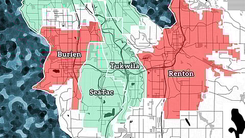 Tukwila and SeaTac (green) have minimum hourly wages that are about $3 higher than the state's rate. Organizers in Burien and Renton (red) are campaigning to raise the wage in their cities. (Map: Guy Oron and Henry Behrens)