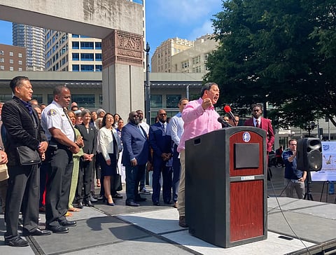 Mayor Bruce Harrell announces his latest downtown activation plan to people gathered in the Westlake Center plaza on June 28, 2023. (Photo: Erica C. Barnett)
