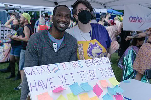 Hinton Publisher founder Marcus Harrison Green (right) with Deputy Publisher Maggie Block at this year's Trans Pride. (Photo: Chloe Collyer)