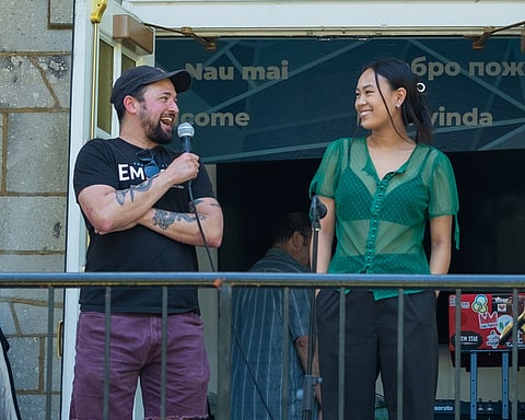 Community, Arts & Culture editor Mark Van Streefkerk interviews reporter Sarah Goh at the Emerald's Ninth Birthday Party on Aug. 12, 2023. (Photo: Grant Wu)